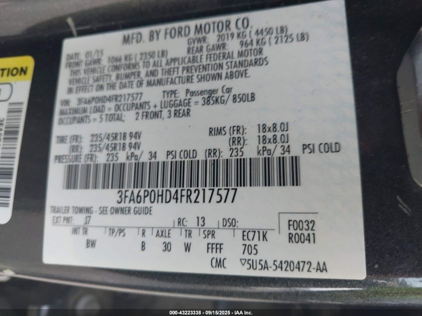 2015 Ford Fusion Se VIN: 3FA6P0HD4FR217577 Lot: 43223338