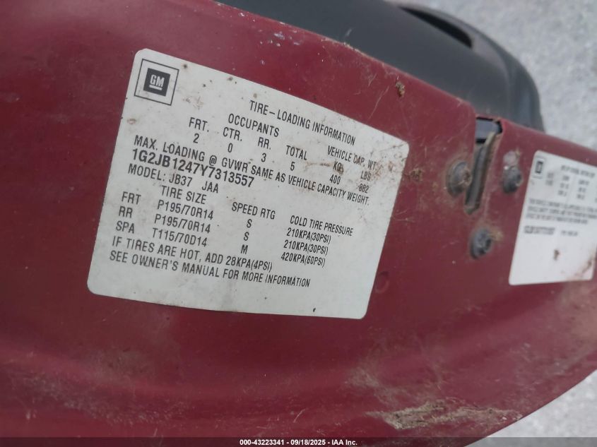 2000 Pontiac Sunfire Se VIN: 1G2JB1247Y7313557 Lot: 43223341