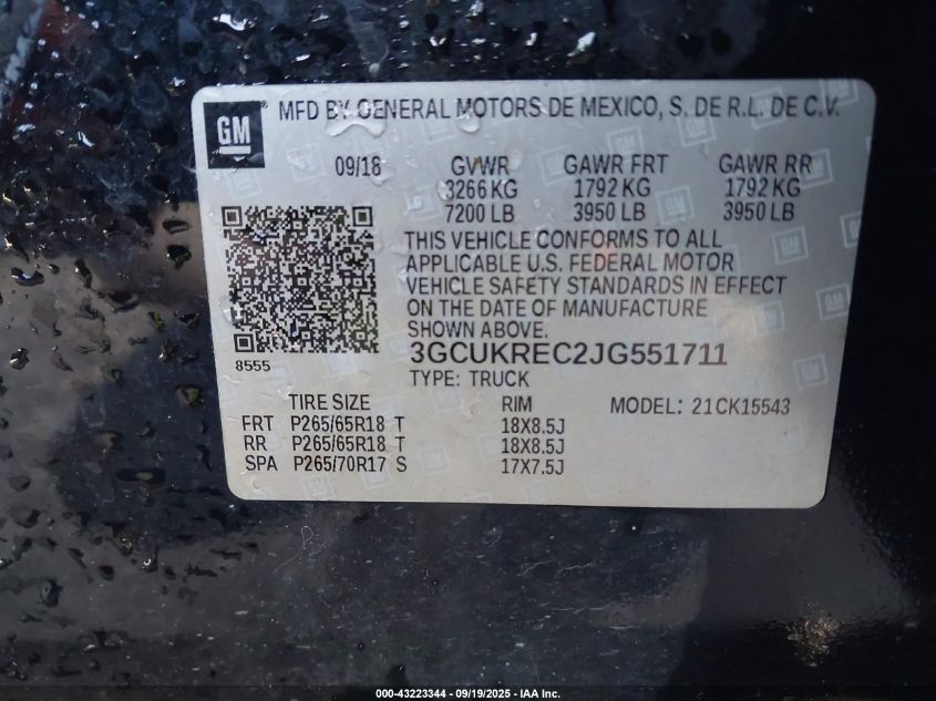 2018 Chevrolet Silverado 1500 1Lt VIN: 3GCUKREC2JG551711 Lot: 43223344
