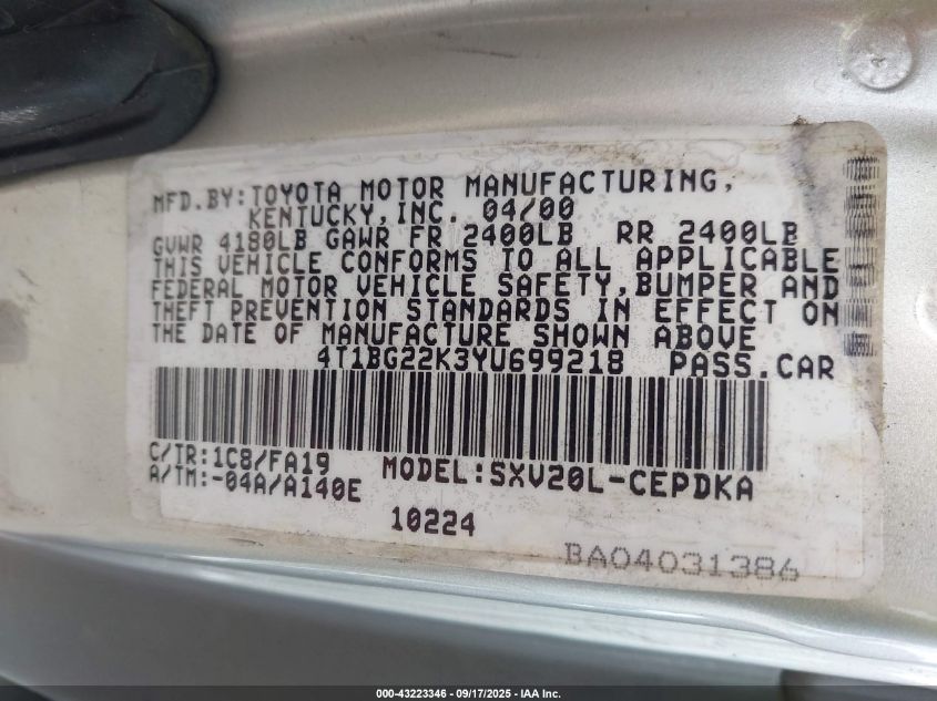 2000 Toyota Camry Ce VIN: 4T1BG22K3YU699218 Lot: 43223346