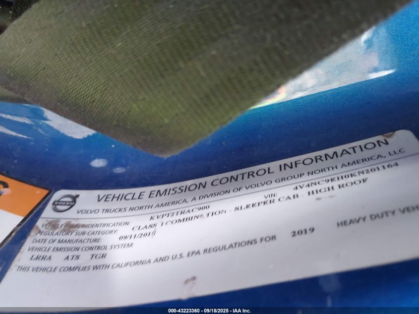 2019 Volvo Vn VIN: 4V4NC9EH0KN201164 Lot: 43223360