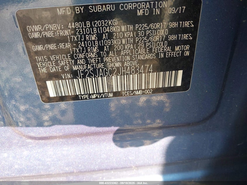 2018 Subaru Forester 2.5I Premium VIN: JF2SJAGC2JH483474 Lot: 43223362