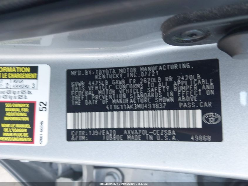 2021 Toyota Camry Se VIN: 4T1G11AK3MU491837 Lot: 43223373