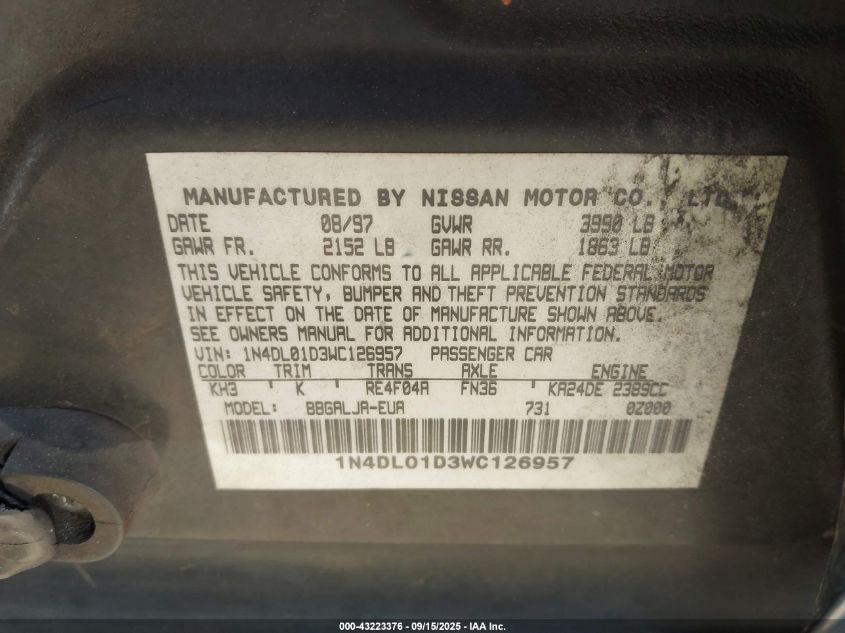 1998 Nissan Altima Gle/Gxe/Se/Xe VIN: 1N4DL01D3WC126957 Lot: 43223376