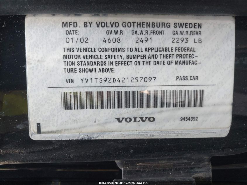 2002 Volvo S80 2.9 VIN: YV1TS92D421257097 Lot: 43223378