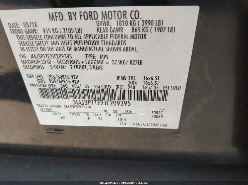 2018 Ford Ecosport Se VIN: MAJ3P1TE2JC209395 Lot: 43223379