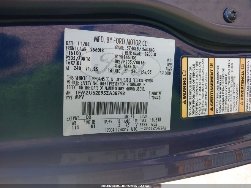 2005 Ford Explorer Xls/Xls Sport VIN: 1FMZU62E95ZA38798 Lot: 43223385