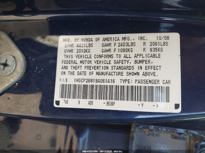 2009 Honda Accord 2.4 Ex-L VIN: 1HGCP26819A061416 Lot: 43223390