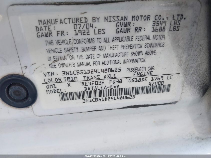 2004 Nissan Sentra 1.8S VIN: 3N1CB51D24L480625 Lot: 43223396