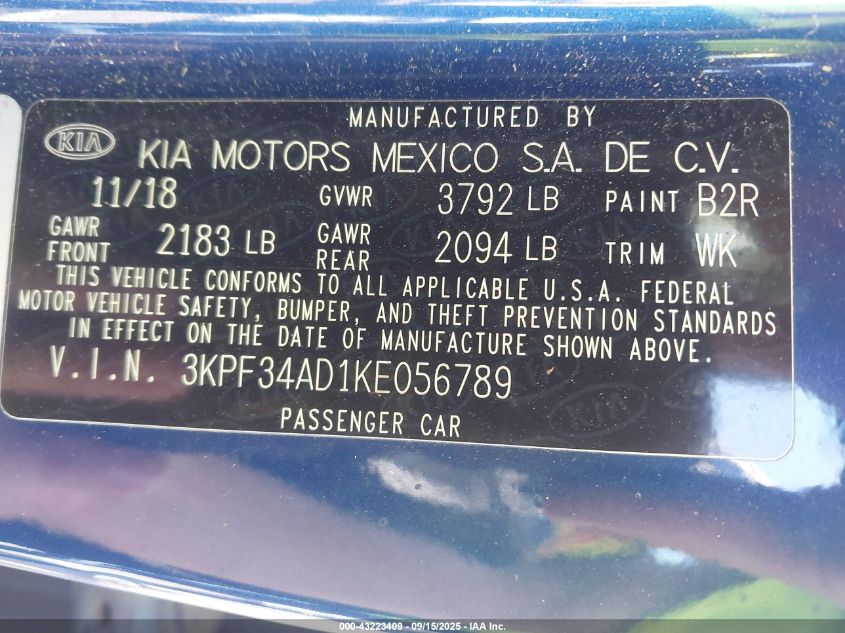 2019 Kia Forte S VIN: 3KPF34AD1KE056789 Lot: 43223409
