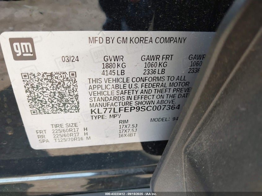 2025 Chevrolet Trax Fwd Ls VIN: KL77LFEP9SC007364 Lot: 43223412