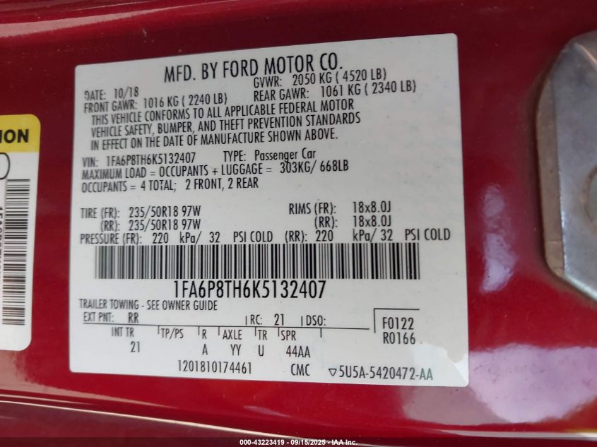 2019 Ford Mustang Ecoboost VIN: 1FA6P8TH6K5132407 Lot: 43223419