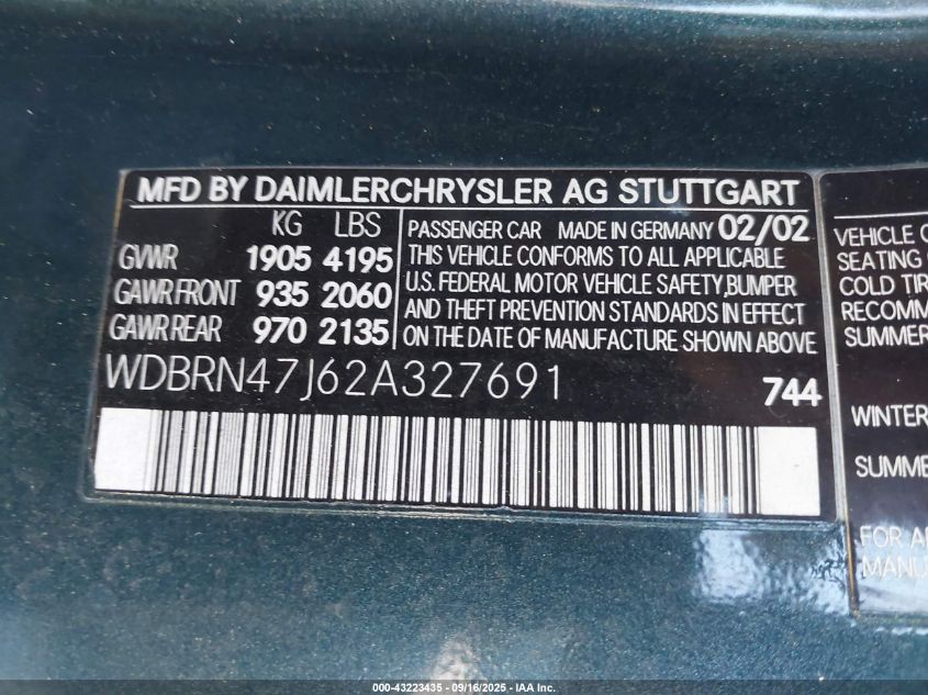 2002 Mercedes-Benz C 230 VIN: WDBRN47J62A327691 Lot: 43223435