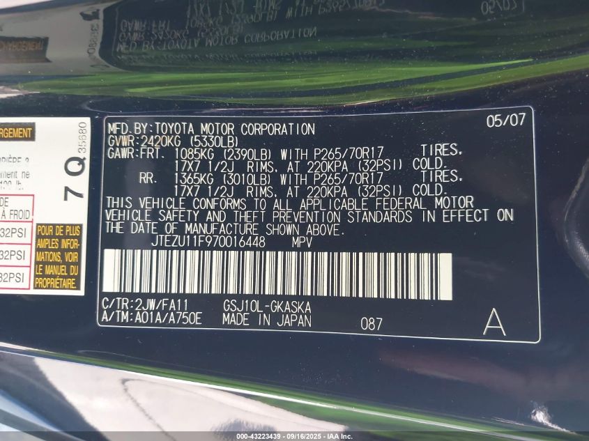 2007 Toyota Fj Cruiser VIN: JTEZU11F970016448 Lot: 43223439