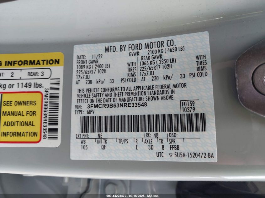 2022 Ford Bronco Sport Big Bend VIN: 3FMCR9B63NRE33548 Lot: 43223472