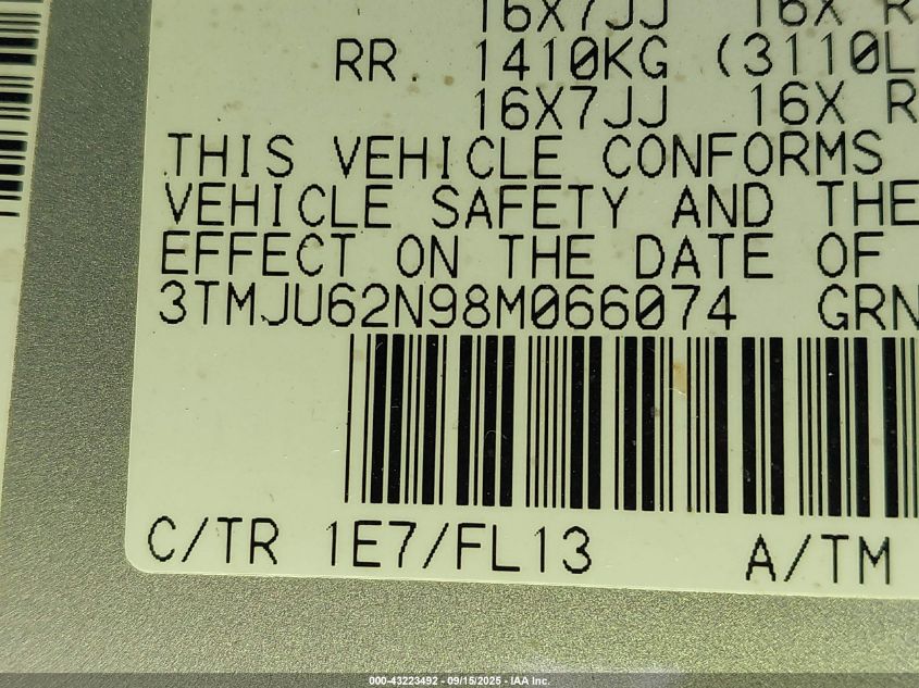 2008 Toyota Tacoma Prerunner V6 VIN: 3TMJU62N98M066074 Lot: 43223492
