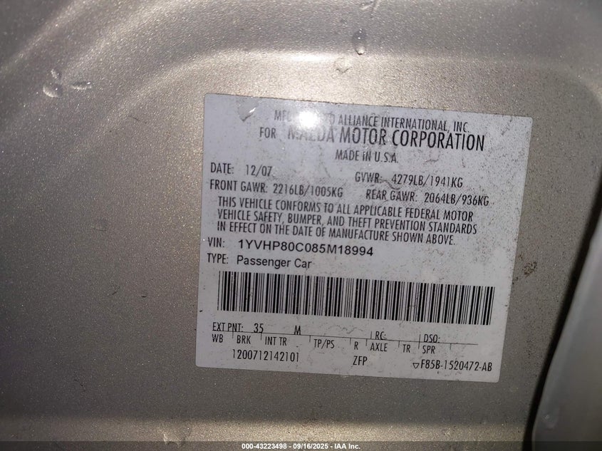 2008 Mazda Mazda6 I Sport Ve VIN: 1YVHP80C085M18994 Lot: 43223498