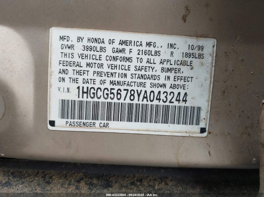 2000 Honda Accord 2.3 Se VIN: 1HGCG5678YA043244 Lot: 43223504