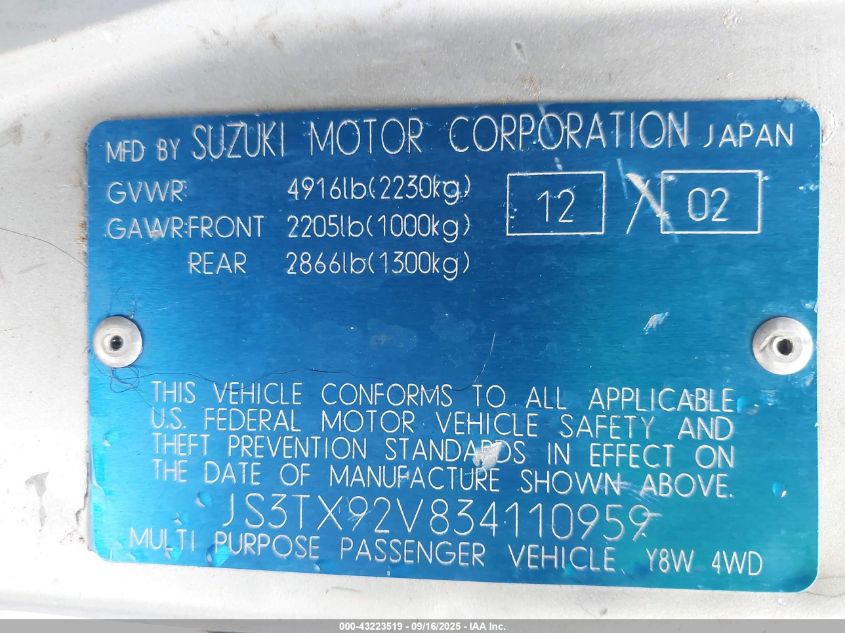 2003 Suzuki Xl7 Plus/Touring/Limited/Std VIN: JS3TX92V834110959 Lot: 43223519