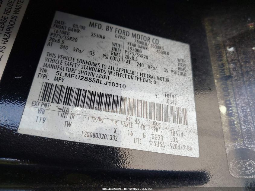 2008 Lincoln Navigator VIN: 5LMFU28558LJ16310 Lot: 43223526