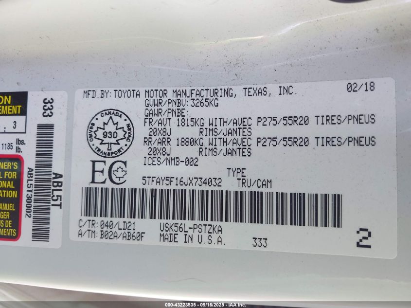 2018 Toyota Tundra Platinum 5.7L V8 VIN: 5TFAY5F16JX734032 Lot: 43223535