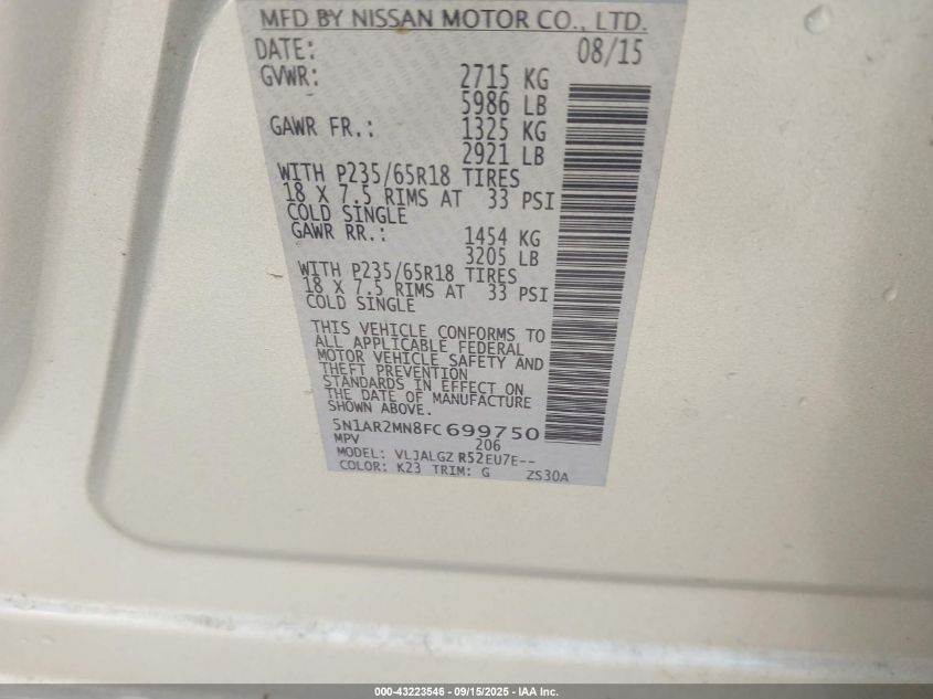 2015 Nissan Pathfinder Sl VIN: 5N1AR2MN8FC699750 Lot: 43223546