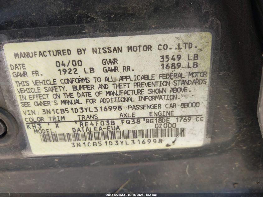 2000 Nissan Sentra Gxe/Xe VIN: 3N1CB51D3YL316998 Lot: 43223554