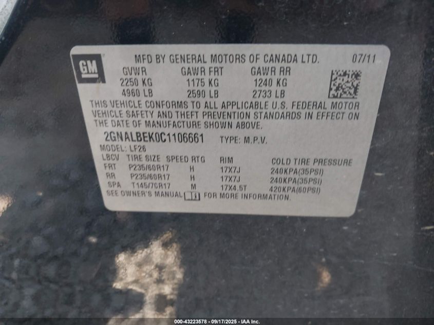 2012 Chevrolet Equinox Ls VIN: 2GNALBEK0C1106661 Lot: 43223578