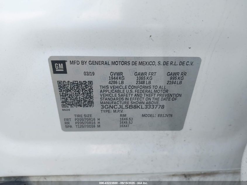 2019 Chevrolet Trax Lt VIN: 3GNCJLSB8KL333778 Lot: 43223588