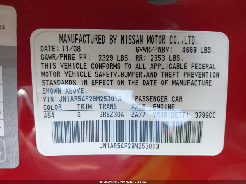 2009 Nissan Gt-R Premium VIN: JN1AR54F29M253013 Lot: 43223599