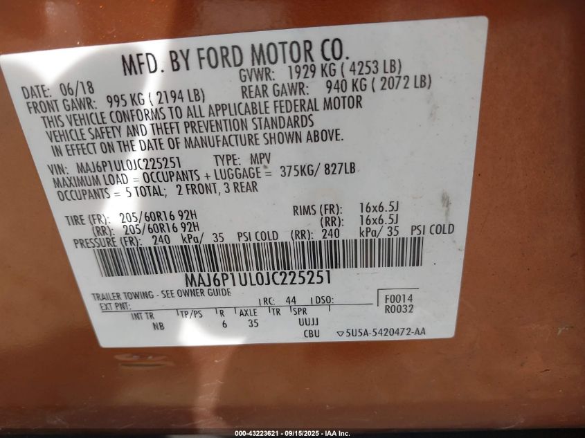 2018 Ford Ecosport Se VIN: MAJ6P1UL0JC225251 Lot: 43223621