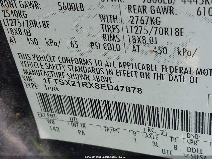 2008 Ford F-250 Fx4/Lariat/Xl/Xlt VIN: 1FTSX21RX8ED47878 Lot: 43223654