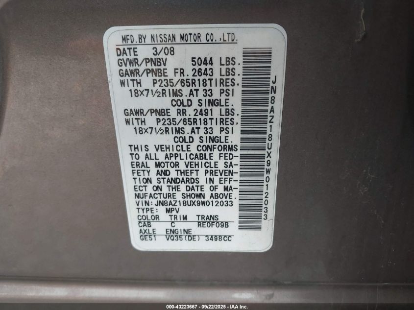 2009 Nissan Murano Sl VIN: JN8AZ18UX9W012033 Lot: 43223667