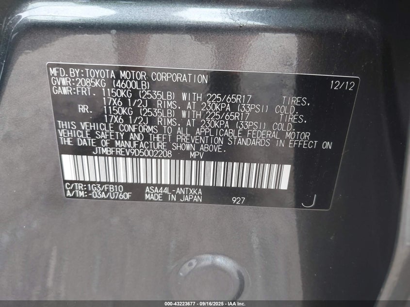 2013 TOYOTA RAV4 LE - JTMBFREV9D5002208