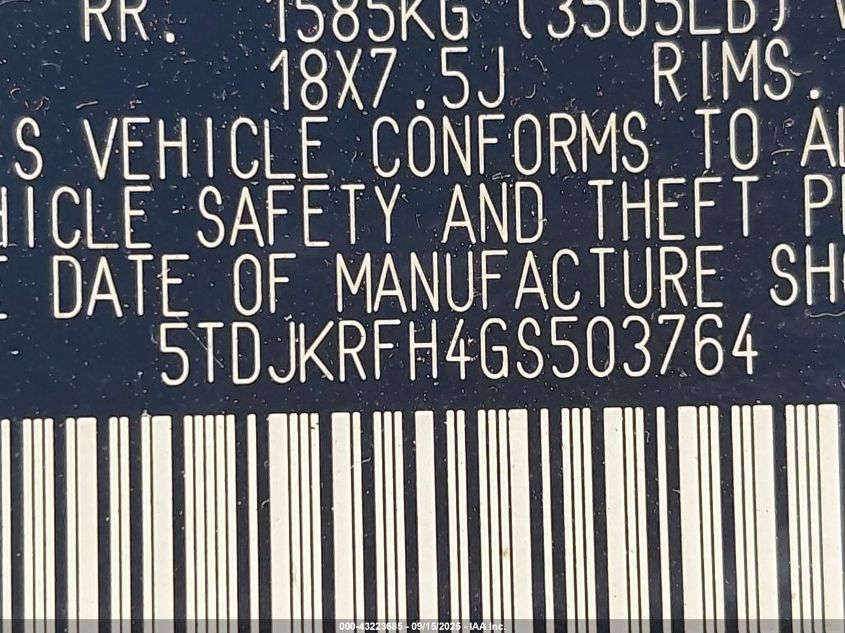 2016 Toyota Highlander Xle V6 VIN: 5TDJKRFH4GS503764 Lot: 43223685