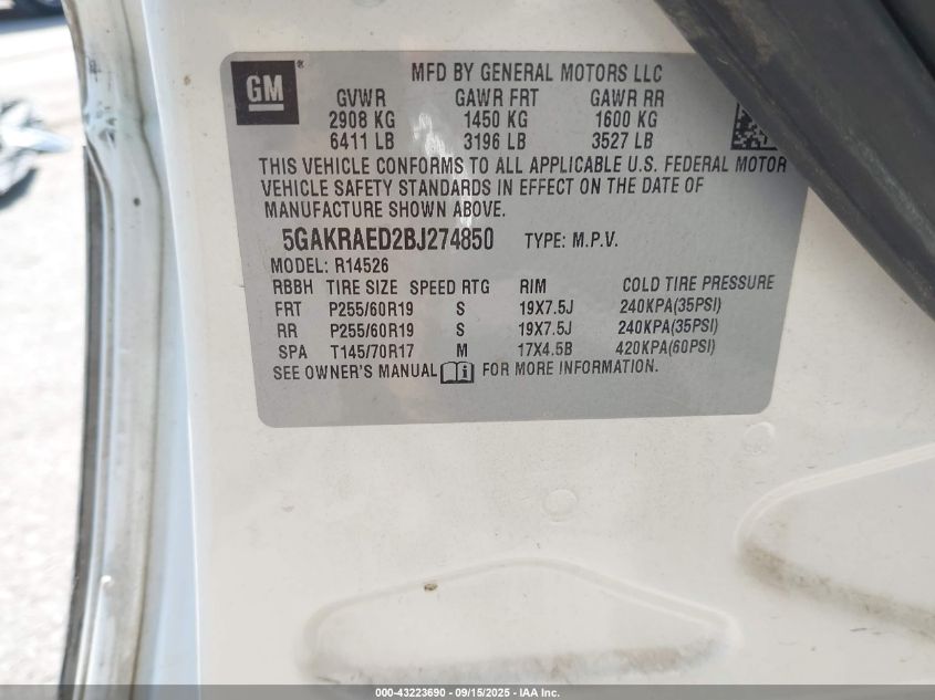 2011 Buick Enclave Cx VIN: 5GAKRAED2BJ274850 Lot: 43223690