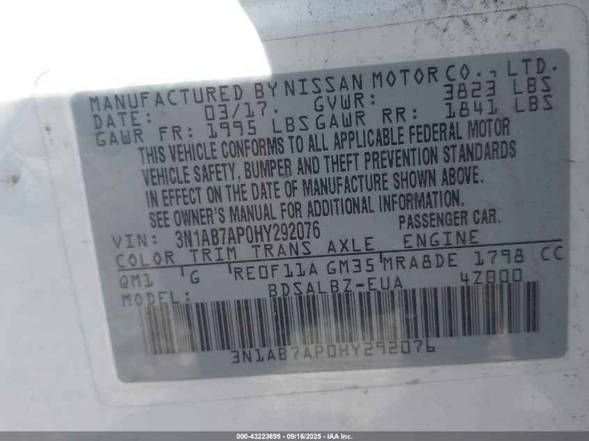 2017 Nissan Sentra S VIN: 3N1AB7AP0HY292076 Lot: 43223699