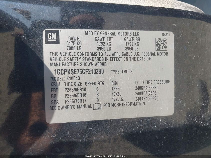 2012 Chevrolet Silverado 1500 Lt VIN: 1GCPKSE75CF210380 Lot: 43223706