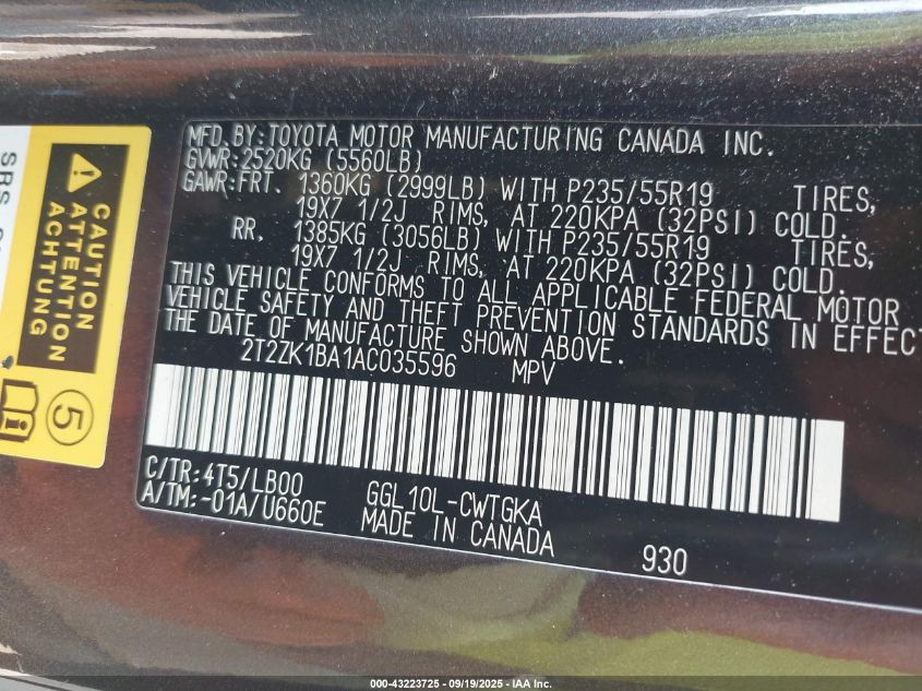 2010 Lexus Rx 350 VIN: 2T2ZK1BA1AC035596 Lot: 43223725