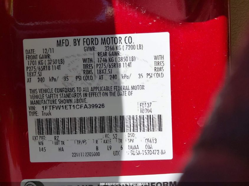 2012 Ford F-150 Lariat VIN: 1FTFW1ET1CFA39926 Lot: 43223735