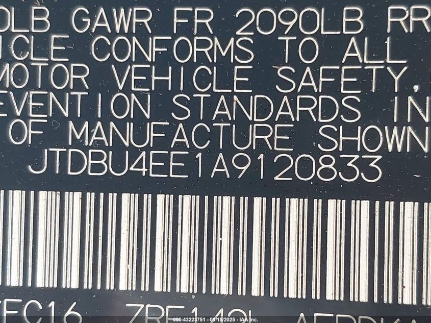 2010 Toyota Corolla Le VIN: JTDBU4EE1A9120833 Lot: 43223751