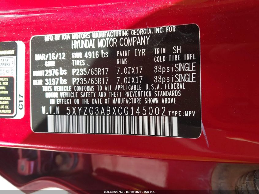 2012 Hyundai Santa Fe Gls VIN: 5XYZG3ABXCG145002 Lot: 43223759