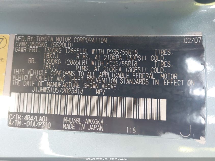 2007 Lexus Rx 400H VIN: JTJHW31U572023418 Lot: 43223763