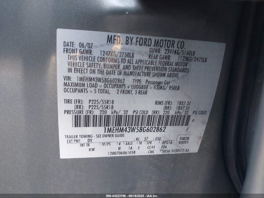 2008 Mercury Sable Premier VIN: 1MEHM43W58G602862 Lot: 43223766