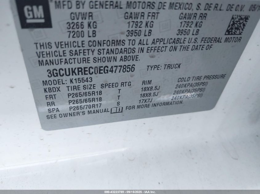 2014 Chevrolet Silverado 1500 2Lt VIN: 3GCUKREC0EG477856 Lot: 43223789