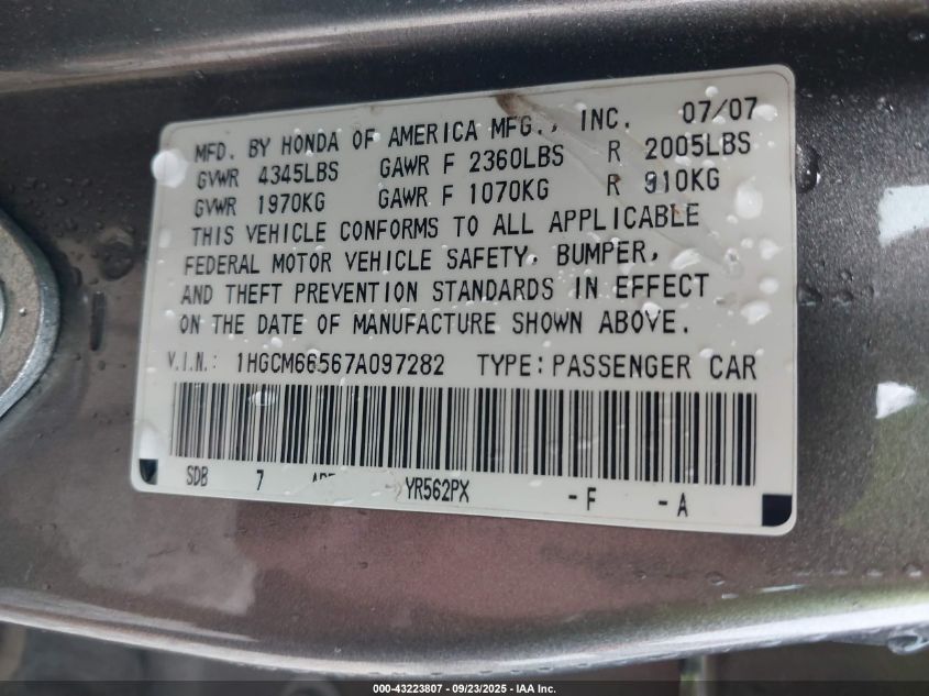 2007 Honda Accord 3.0 Ex VIN: 1HGCM66567A097282 Lot: 43223807
