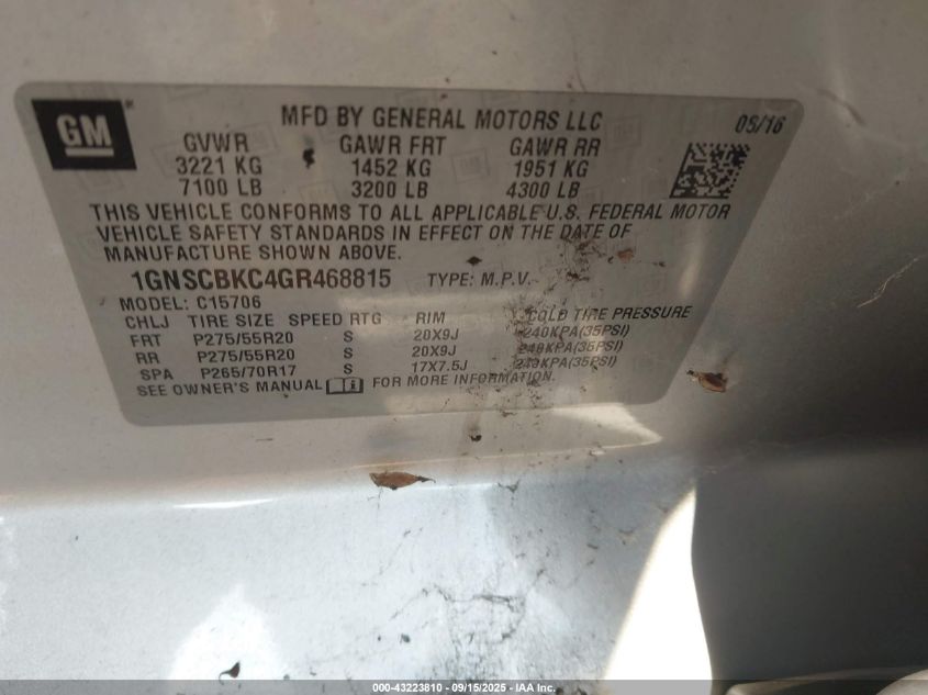 2016 Chevrolet Tahoe Lt VIN: 1GNSCBKC4GR468815 Lot: 43223810