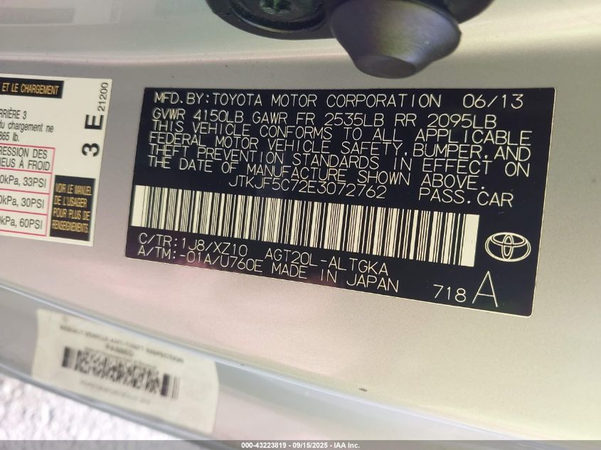 2014 Scion Tc 10 Series VIN: JTKJF5C72E3072762 Lot: 43223819