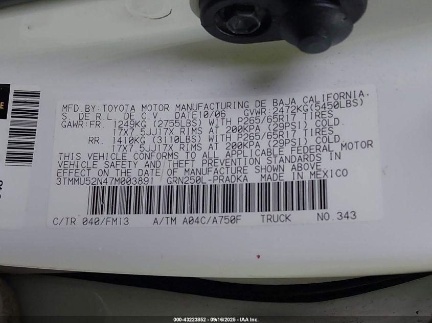 2007 Toyota Tacoma Base V6 VIN: 3TMMU52N47M003891 Lot: 43223852