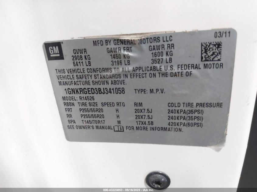 2011 Chevrolet Traverse 1Lt VIN: 1GNKRGED3BJ341058 Lot: 43223853